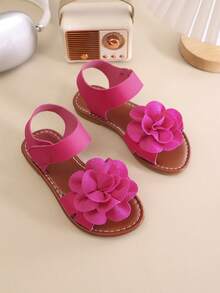 女童夏季圆头平底凉鞋，花童鞋，女童校鞋，少女鞋。花朵图案，居家休闲、海滩度假、户外购物皆宜。 - 玫瑰紅 - 查看 3
