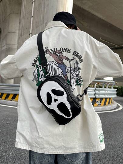 Bolso bandolera para hombres, bolsa de viaje con correa de hombro, billetera, bolsa práctica para el pecho, adecuada para salidas de Halloween, con cierre de cremallera, estilo de los años 2000