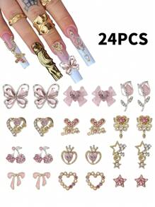 24 Nail Accessories, Y2k Alloy Nail Art Rhinestone Accessories, 3D Heart-Shaped Star Bow Rhinestone Cherry Nail, Gemstone Shiny Jewelry, Nail Decoration Accessories And Supplies