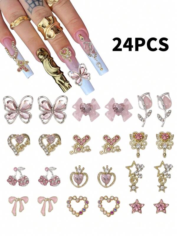 24 Nail Accessories, Y2k Alloy Nail Art Rhinestone Accessories, 3D Heart-Shaped Star Bow Rhinestone Cherry Nail, Gemstone Shiny Jewelry, Nail Decoration Accessories And Supplies
