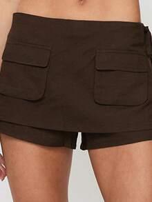 Women Fashion Casual Shorts Drawstring Elastic Waist Shorts Jeans Denim Shorts Pull On Short With Front Pockets - Coffee Brown - View 1