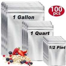 100 Mylar Bags For Food Storage - 10 Mil 1 Gallon (30pc), 8 Mil 1 Quart (30pcs), 6 Mil 1/2 Pint (40pc), Stand Up Resealable Mylar Bags - 銀色 - 查看 1