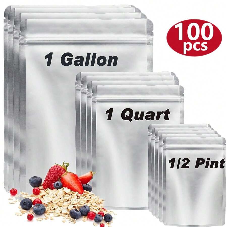 100 Mylar Bags For Food Storage - 10 Mil 1 Gallon (30pc), 8 Mil 1 Quart (30pcs), 6 Mil 1/2 Pint (40pc), Stand Up Resealable Mylar Bags - 銀色 - 查看 1