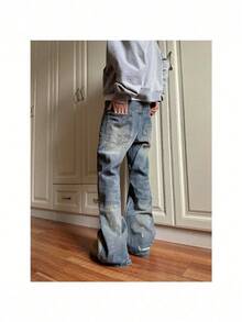 American Retro Double Waist Jeans Cut Design Niche Old Loose Straight Men's And Women's High Street Fashion Cost Performance - Blue - View 3