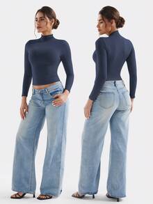 YEOREO Long Sleeve Workout Crop Mock Thermal Turtle Necks Double Lined Base Layer Tops Running Gym Shirts Women Sariah Underscrub Y2k Undershirt  Gym Clothes Women Tops Active Wear Women Workout Tops Gym Clothes - 深藍 - 查看 2