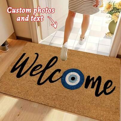 1PC Custom Text Welcome Mat, With A Fiber Base Paired With Black Handwritten Letters And A Blue Nazar Amulet, Symbolizing Good Luck And Protection. It Is Suitable For Decorating Lobbies, Terraces, Offices, And Is Recommended For Gift Giving Occasions Such As Housewarming, Birthdays, And Christmas.