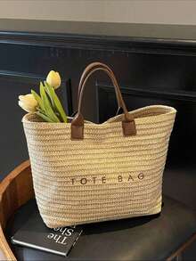 Large Capacity Casual Vacation Straw Tote Bag, Minimalist Elegant Women's Shoulder Handbag - Coffee - View 6