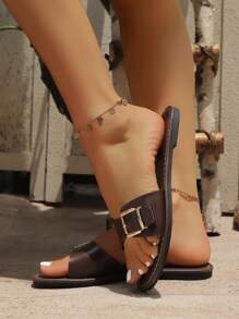 Sandales plates bohèmes élégantes en PU de couleur unie avec boucle, convenant pour la plage, le mariage, les vacances, l'extérieur, l'été