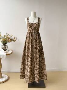 Rusttydustty Váy Maxi Hoa Nâu Cổ Điển Không Tay Cạp Cao Boho Sundress Váy Dài Hoa Boho - Xem 5