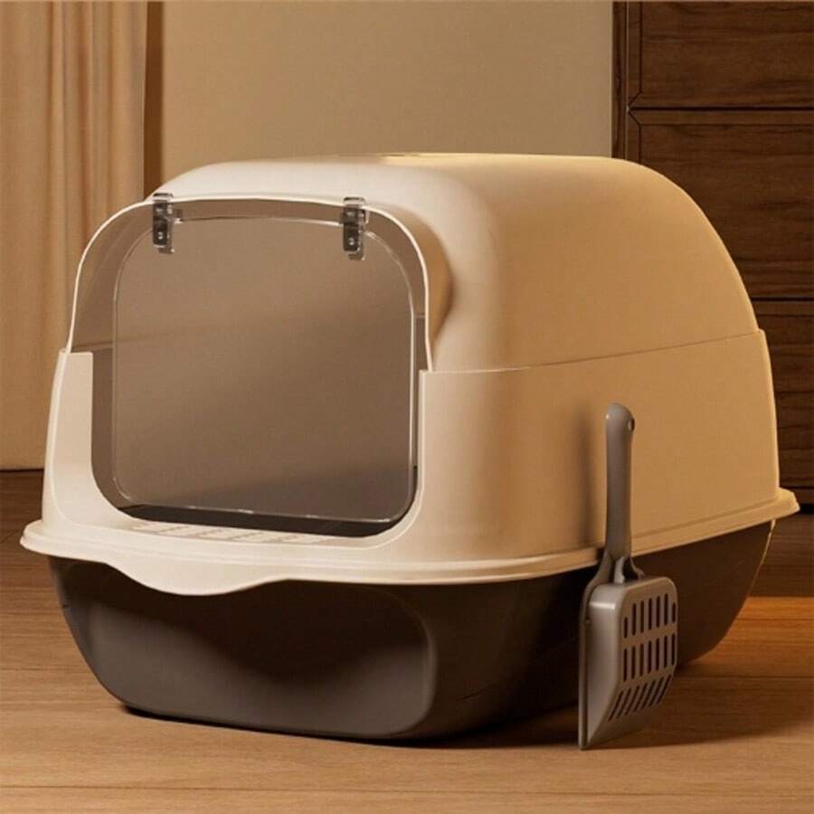 Große klassische vollständig geschlossene Katzentoilette 48 x 36 x 36,2 cm, abnehmbarer hochspritzwassergeschützter geruchsresistenter leicht zu reinigender Klapptop Katzentoilette, Haustier-Toilette, Streukescher inklusive