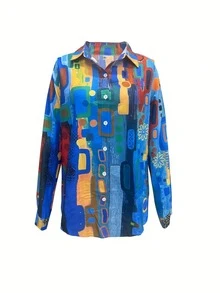Plus Size Women's Geometric Art Style Printed Fashion Shirt - Blue - View 4