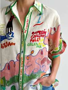 Women's Linen Shirt With Unique Graffiti Print, Single-Breasted Multi-Button Design