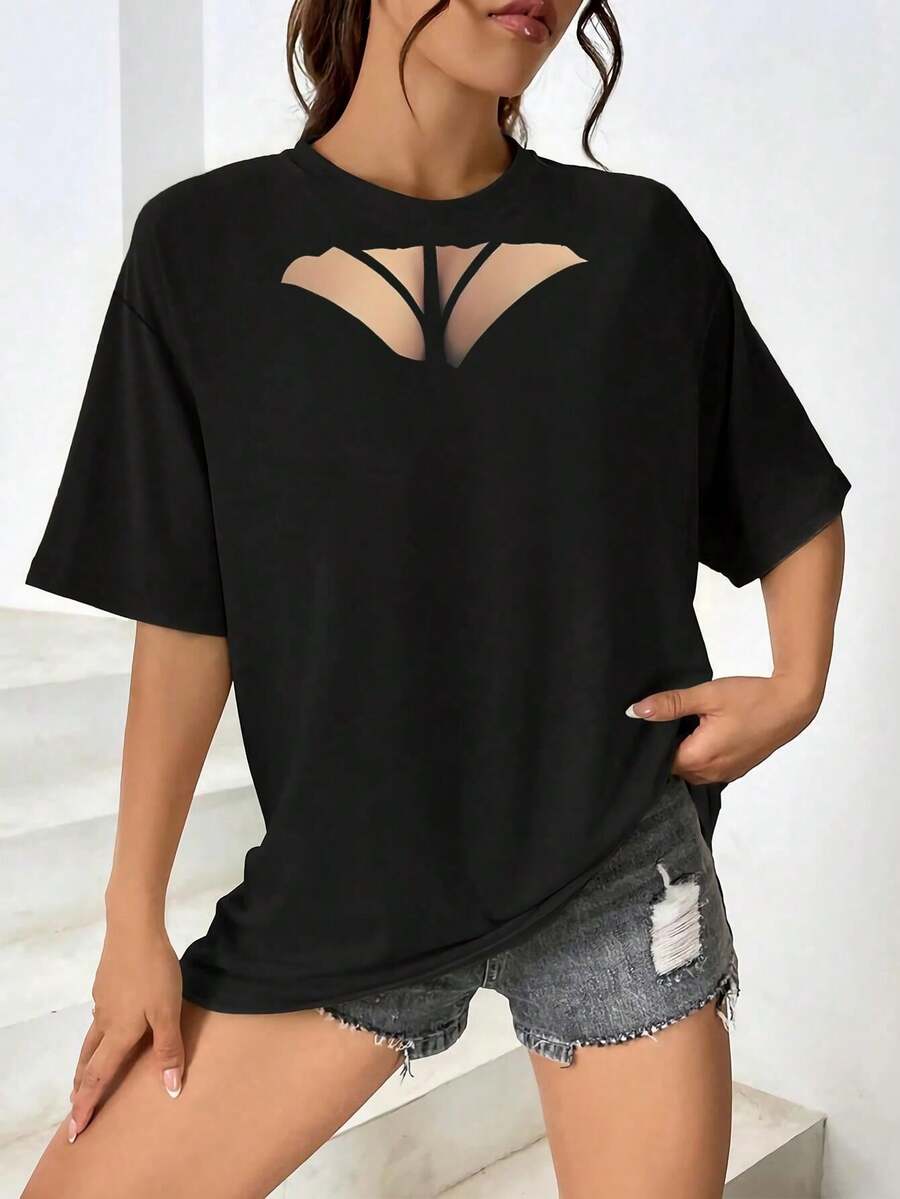 Camiseta corta sexy para mujer con aberturas, manga corta, color negro, estilo crop top, estética E-Girl, estilo Y2K, moda casual, top para fiestas, festivales y noches - Negro - Ver 1