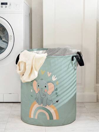 1 st hopfällbar rund förvaringskorg med tecknad elefantdesign och handtag, stor kapacitet för barnrum, multifunktionell förvaringsbehållare för babyartiklar, blöjor, kläder, leksaker