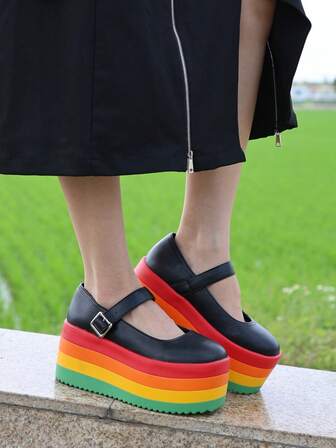 Rainbow Platform Mary Janes Shoes, Buckles Lolita Fashion Chunky Heeled Shoes, Casual Colorful Girls Punk Shoes, Goth Black Combat Shoes