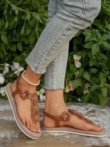 New Flat Sandals Women Flat Peep Toe Ditsy Floral Decor Slip-On Elastic Band Casual Beach Sandals, European And American Style,Flip Flops,Spring Summer Outfits - Brown - View 5