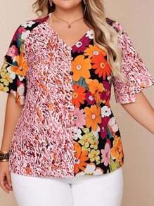 Plus Size Women's Cute Button Ruffle Short Sleeve Colorblocked Floral Print V-Neck Elegant Blouse For Summer
