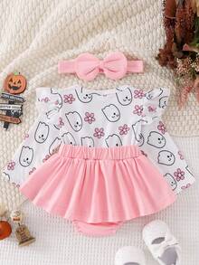 Baby Girl Christmas Halloween Outfit, Santa Ghost Turkey Patch Flying Long Sleeve Romper Dress Bow Headband 2 Piece Set For Fall - Hồng - Xem 3