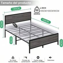 Base de Cama Individual,1M Cama Individual,Base de Cama con Cabecero y Pie de Cama,Bases para Camas Individuals,con Bases Camas Soporte de Lamas Metálicas,195CM*100CM*35CM (Gris) - GRIS - Ver 12