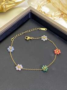 1pc Fashionable Delicate Twisted Faux Pearl Stainless Steel Bracelet With Pink Crystal Flower Handmade O-Link Chain Wristband, Suitable For Women, Spring/Summer/Autumn