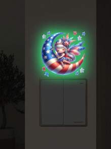 Set de 2 calcomanías de pared con diseño de gato que brillan en la oscuridad para el Día de la Independencia, pegatinas de pared de decoración de habitación