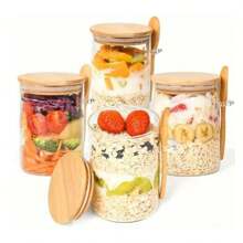 1/2pcs Transparent Glass Breakfast Jars With Bamboo Lids & Spoon, Layered Yogurt Cups With Spoon Holder, Reusable Overnight Oats Containers - Perfect For Yogurt, Oatmeal, Smoothie Bowls, Desserts & Snacks, Ideal For Meal Prep, Office Lunch, Travel, Leak-Proof Design Keeps Food Fresh, Easy To Clean, Essential For Health-Conscious People