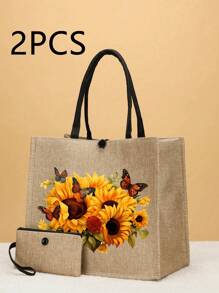 Set de 2 bolsas de tela con estampado de mariposas en rosa, hechas de yute duradero con un diseño elegante, que incluye una práctica monedero. Perfecto para compras, viajes y aventuras en la playa. Bolso multifuncional para mujer, adecuado para uso diario, viajes, compras, trabajo y como regalo