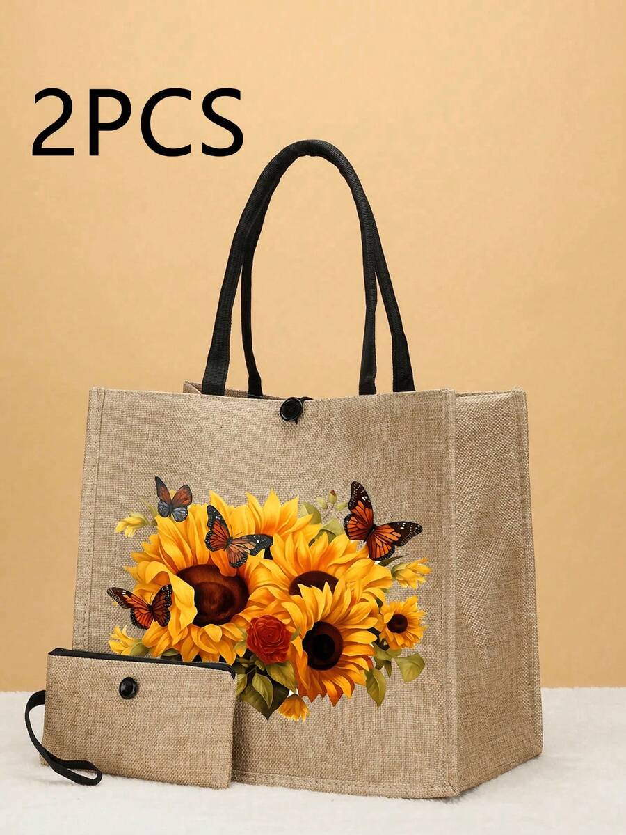 Set de 2 bolsas de tela con estampado de mariposas en rosa, hechas de yute duradero con un diseño elegante, que incluye una práctica monedero. Perfecto para compras, viajes y aventuras en la playa. Bolso multifuncional para mujer, adecuado para uso diario, viajes, compras, trabajo y como regalo