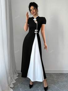 Summer Black & White Contrast Collar Puff Sleeve Cinching Waist Button Down Midi Elegant Office Fitted Dress For Women