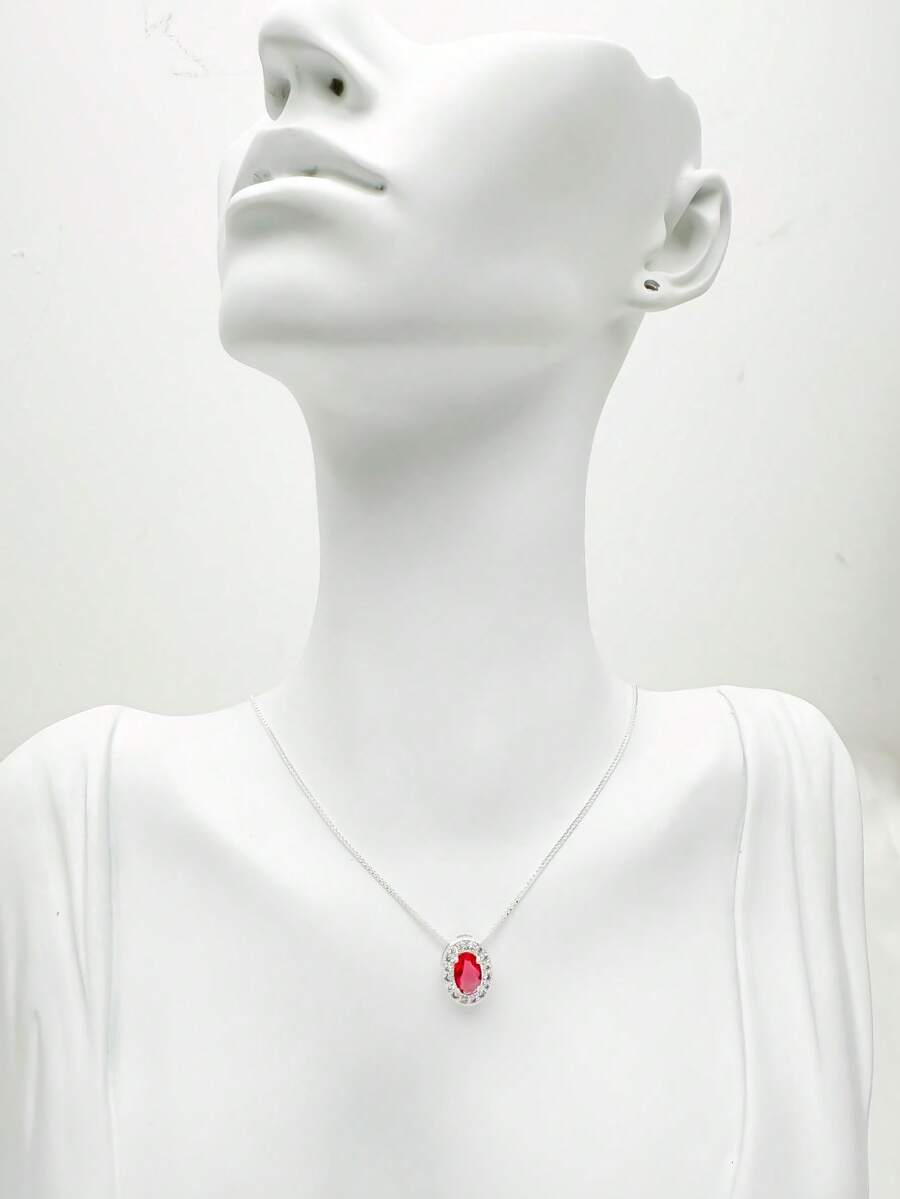 Oval Semi-Jewelry Necklace For Women With Zirconia Plated In 925 Silver - 紅色 - 查看 1