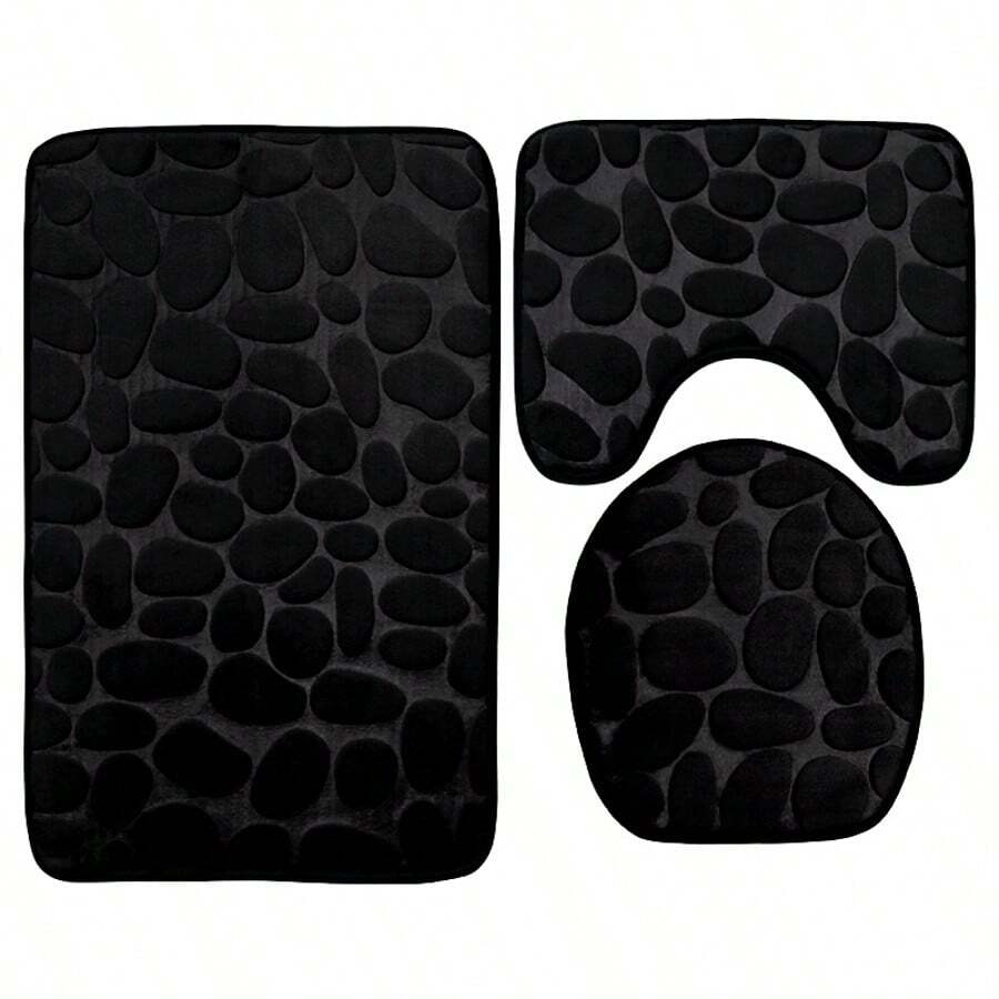 3 Piece Bathroom Rug Set Non-Slip Entrance Door Mat - 黑色 - 查看 1