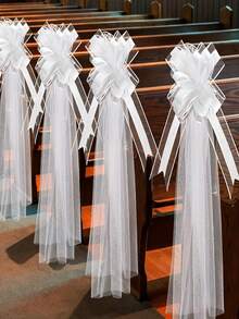 10/6/4 Set White Wedding Bench Bow Snow Organza Hand-Pulled Flower Wedding Decoration Wedding Hall Aisle Decoration Bow Tulle Curtain (Manual Assembly) For Church Aisle, Bridal Shower And Anniversary Decoration - White - View 3