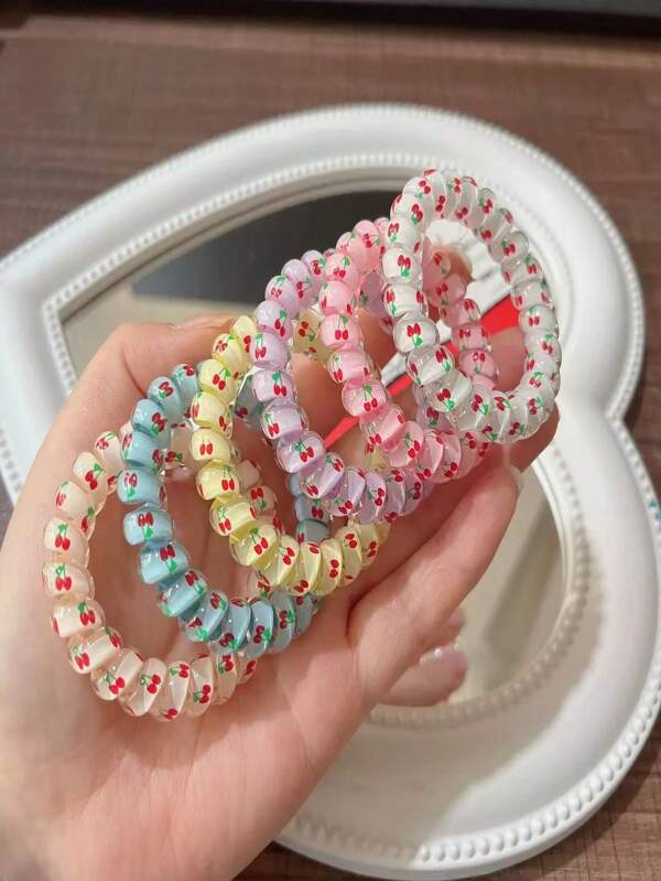 6/12pcs Colorful Cherry Telephone Wire Scrunchies, High Elastic No Crease Non-Damaging Hair Ties, Sweet Preppy Style For Girls