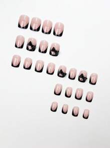 Instantly Enhances Your Charm 24pcs Press On Nails Short Classic Black French Tip Nails, Y2K Nail Art, Fashionable And Simple Short Square Nails, 3D Three-Dimensional Black Bow Decoration, Personalized Hot Girl, Detachable Press On Fake Nails, Casual Daily Nail Set, Suitable For Girls And Women's Daily Life, Beach Parties, Street Rock, Music Festival Nail Supplies
