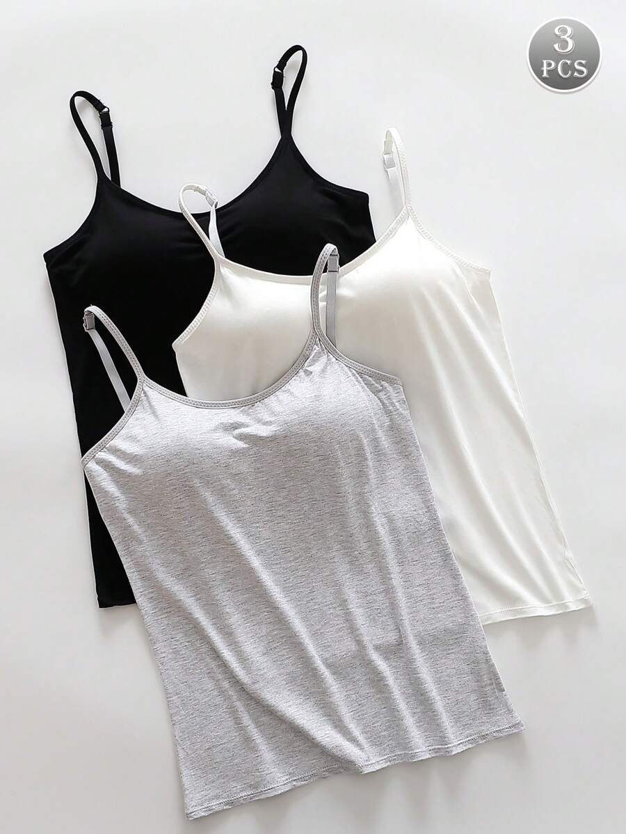 3pcs Women Seamless Camisole Vest Tops, Padded Bra With Spaghetti Strap, Multi-Color