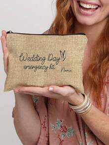 1pc Customizable Bride Wedding Day Emergency Kit Makeup Bag - Personalized Polyester Cosmetic Pouch, Lightweight Zippered Organizer, Machine Washable, Fade Resistant, Foldable - Fashion Style White Toiletry Bag - Beige - View 6
