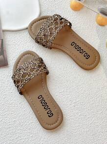 Sandalias planas de verano 2025 para niños, cómodas, de tejido dorado. Sandalias de dedo con diseño redondo para uso casual y holgazán para niñas