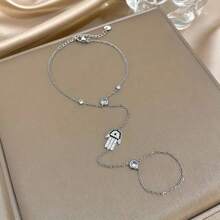 1pc Minimalist Multi-Layered Evil Eye Bracelet Rings, Bohemian Connected Bead Silver-Tone Hand Chain Jewelry Suitable For Parties, Holidays, Vacations, Daily Wear, Finger Chain, Simple Hand Decor