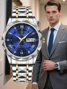 POEDAGAR 1件装时尚男士不锈钢防水夜光手表，带星期和日期显示功能，商务石英表，带表盒，休闲男士腕表，适合日常场合，男士礼物