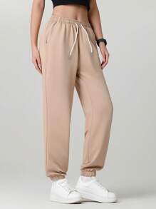 1pc Women's Solid Color Pocket Simple Casual Versatile Hiking, Running, Outdoor Cycling Drawstring Waist Knit Jogger Pants