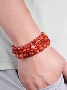 1件天然石红条纹玛瑙珠手链，男女通用，真红玛瑙圆形，疗愈瑜伽冥想饰品，日常佩戴，象征稳定、勇气和活力。 - 紅色 - 查看 6