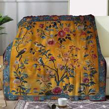 1pc Vintage Floral & Bird Print Flannel Blanket - Soft, Cozy, All Season, Suitable For Sofa, Bed, Car, Office, Camping & Travel - Rich Yellow Background With Delicate Botanical Pattern, 4-Season Botanical Print Polyester Throw