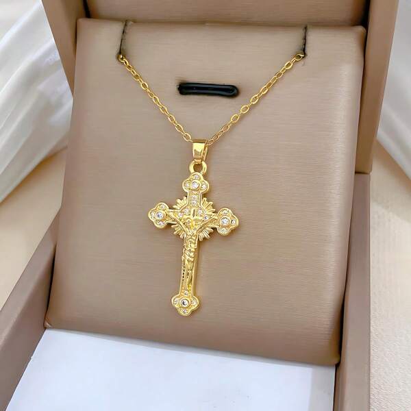 1pc 14K Gold Plated Stainless Steel Jesus Christ Cross Pendant Necklace, European/Arabian Style Religious Church Cross Necklace For Women, For Daily Wear, Gift Or Worship