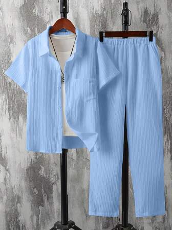 2-częściowy zestaw Tween Boy Loose Casual Jacquard Stripe Woven Shirt and Pants Pocket