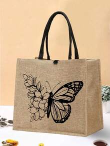 2 件套粉色蝴蝶印花手提包套装，黄麻材质，时尚图案，含方便的零钱包，非常适合购物、旅行和海滩探险，多功能女士包，适合日常、旅行、购物、工作、送礼