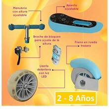 Patín Diablo Scooter Montable Luces Led Asiento Desmontable Scooter convertible, excelente opción para su pequeño ya que puede ser adaptable a la edad. El scooter se puede convertir en patín y patineta.  Medidas del Manubrio Crece con sus hijos al ser Regulable cuenta con 3 Alturas: - Azul - Ver 7