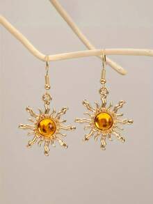 1 Pair Bohemian Style Baroque Sunflower Faux Jade Plated Gold Dangle Earrings, Elegant & Fashionable Earring Hooks - Sun - View 17