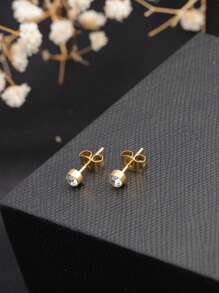 1 Pair Stainless Steel 18K Gold-Color Minimalist Vogue Earrings With Round Cubic Zirconia Stones, Versatile Daily Wear For Women, Suitable As Gifts For Friends