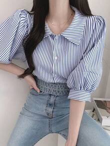 Las mujeres de la vendimia de cinco cuartos de manga camisa a rayas camisa de verano versátil cinco camisa de manga corta - Azul - Ver 3