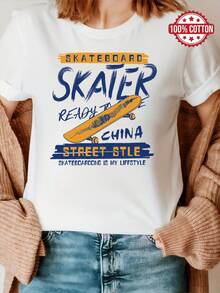 100% Cotton T-shirt | Shipped from Mexico | High-quality breathable fabric | Women's black and white loose short-sleeve printed cotton Skateboard Skater Ready To China |Machine Washable|Crew Neck Casual Sport Top|Comfortable and Stylish| - Blanco - Ver 1